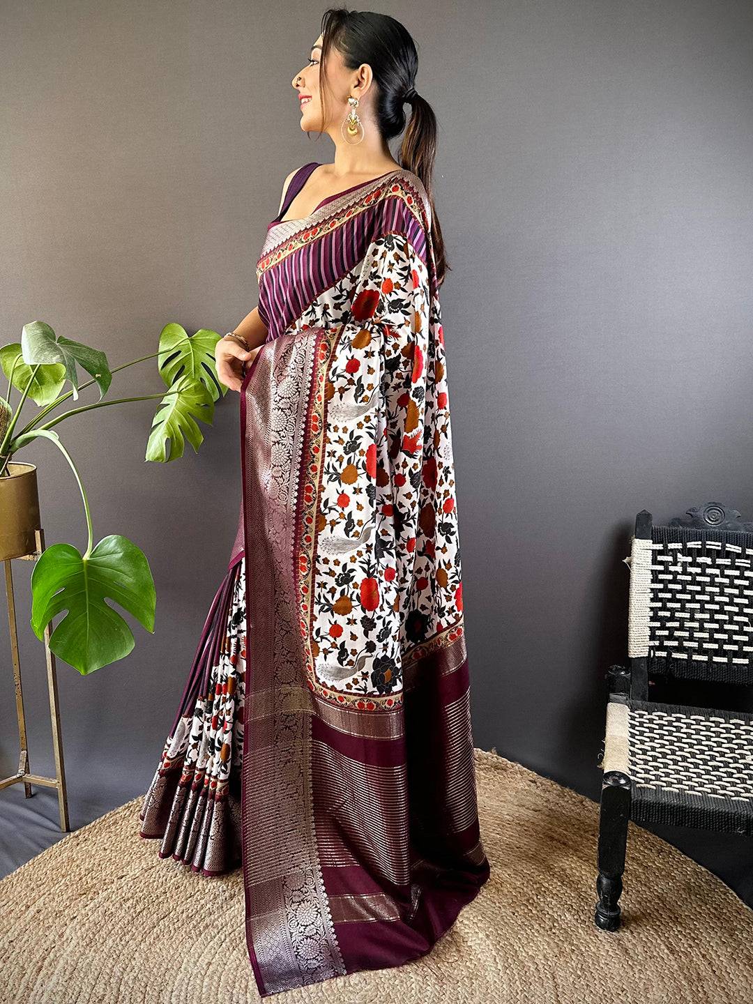 Wine Floral Peacock Fusion Saree