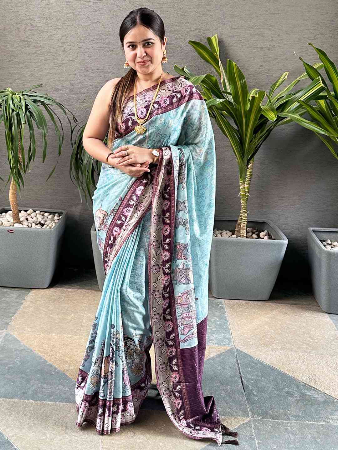 Turquoise Colour Satin Kota Doria Digital Kalamkari Zari Pallu