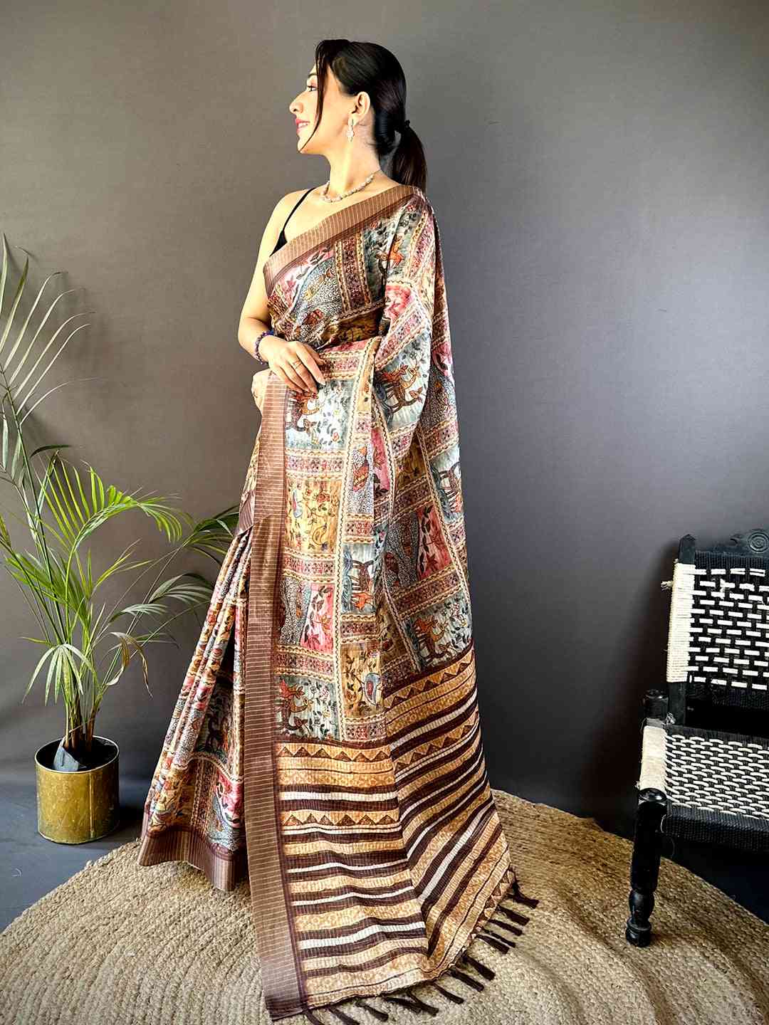 Multi Black Chex Kalamkari Madhubani Saree by My Store