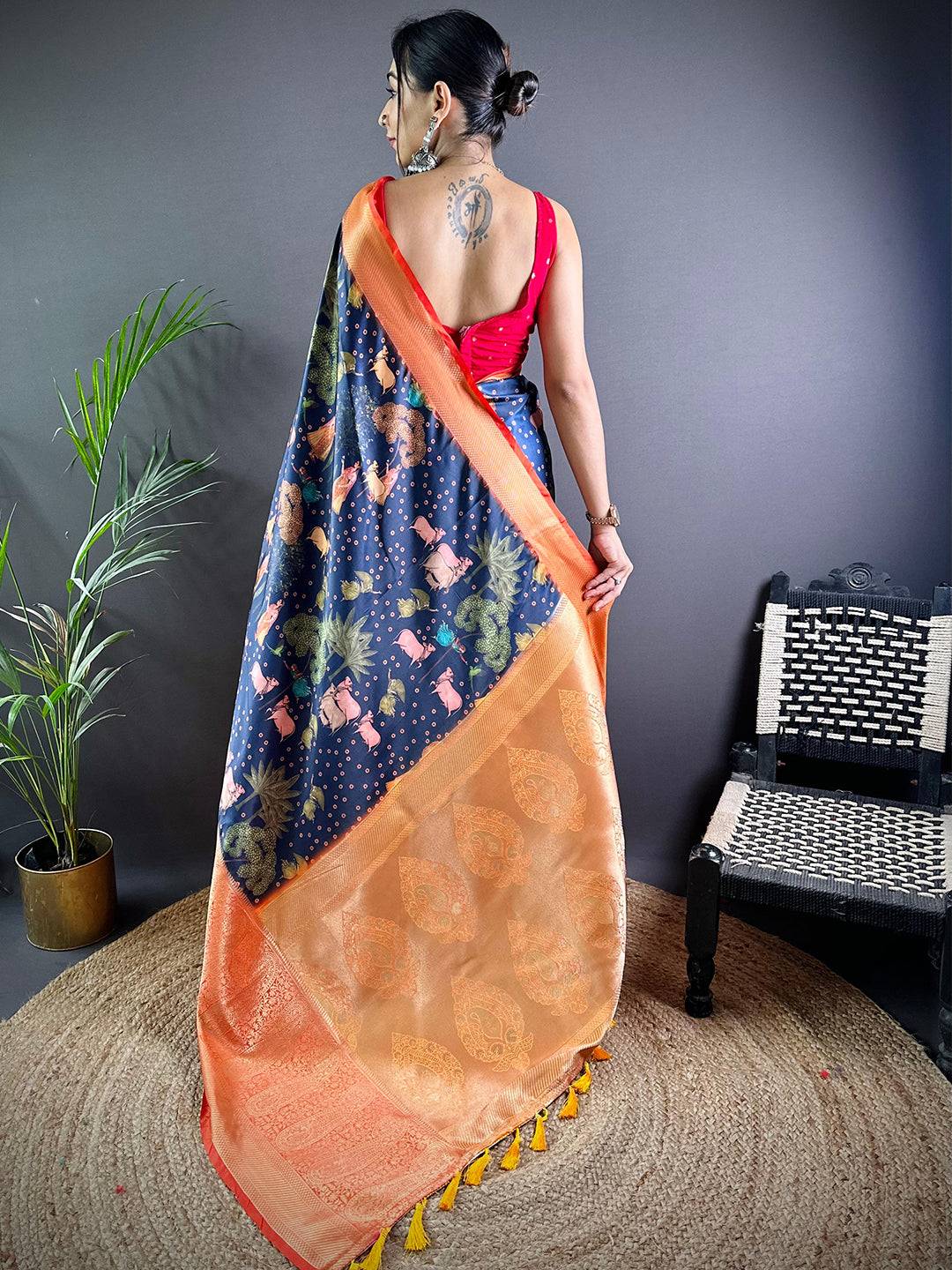 Navy Satin Pichwai Print Saree by My Store