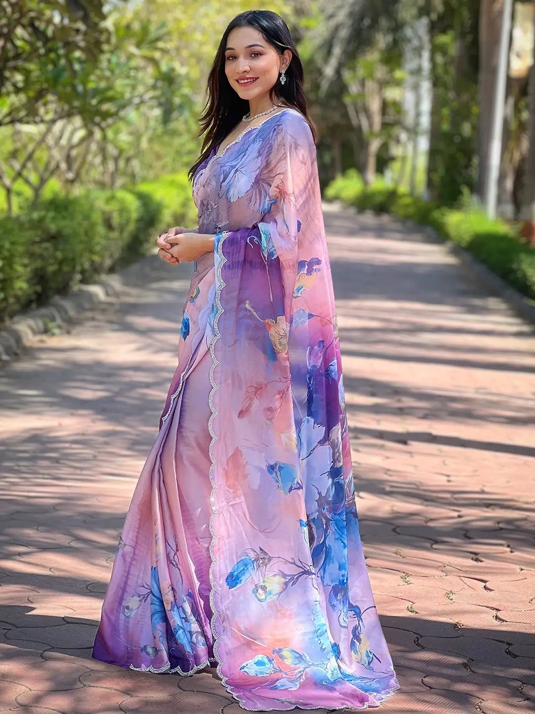 Lust Lavender Satin Georgette Floral Print Saree by My Store