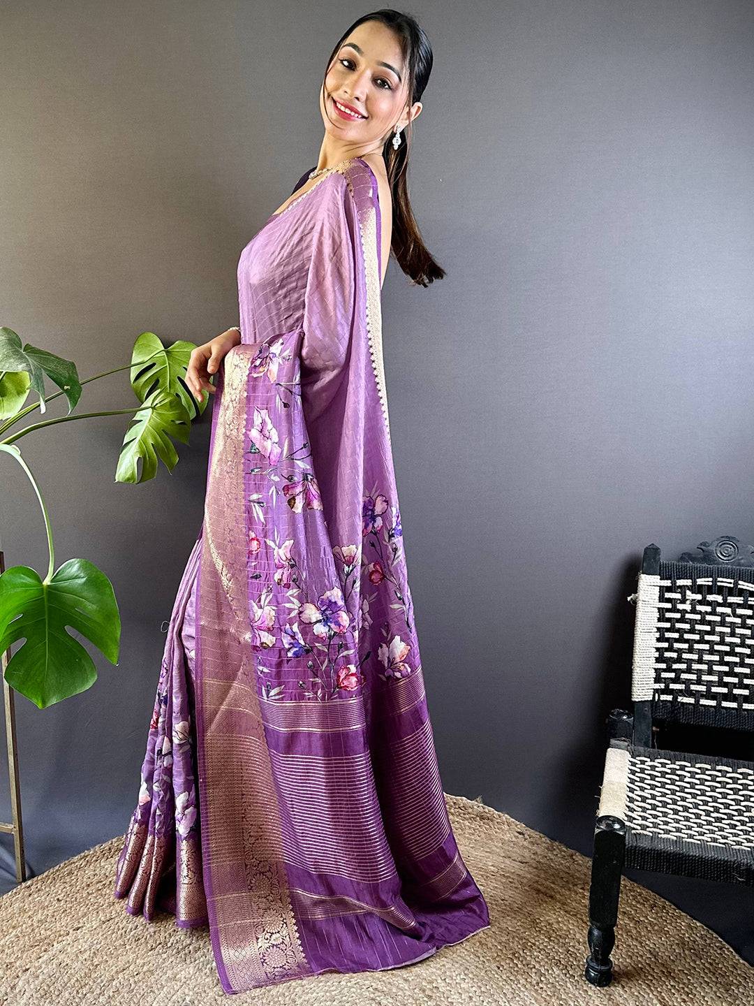 Lavender Floral Zari Chex Saree by My Store