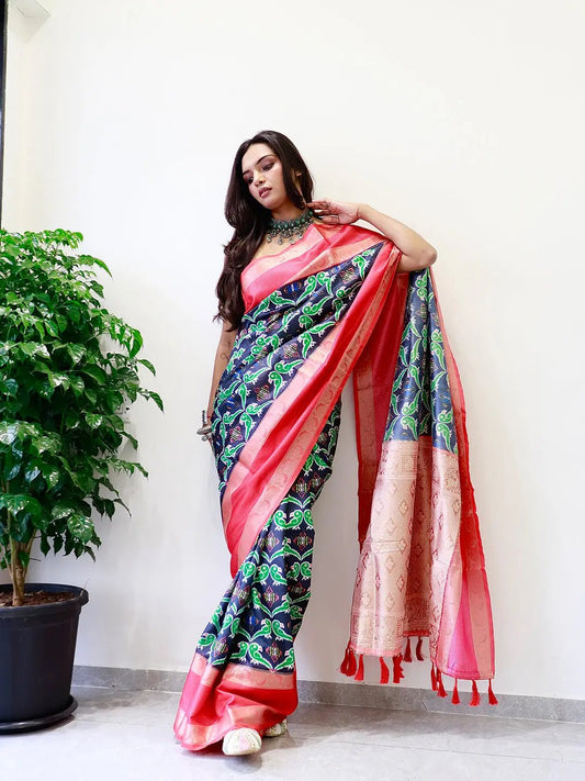 Attractive Soft Silk Gadwal Border Pochampally Print Saree