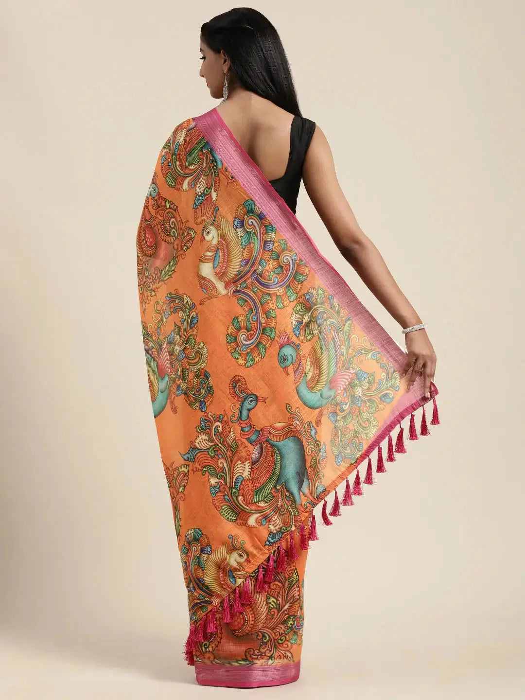 Orange Colour Kalamkari Print Saree With Zari Border by My Store