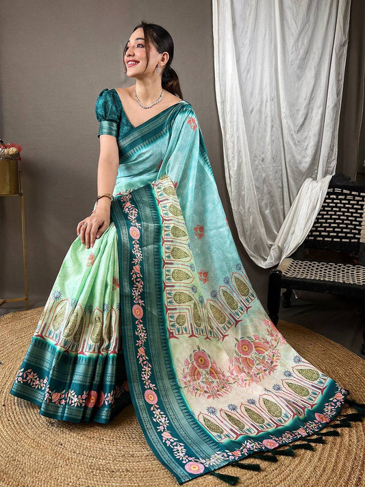 Poppy Blue Kota Satin Border Saree by My Store