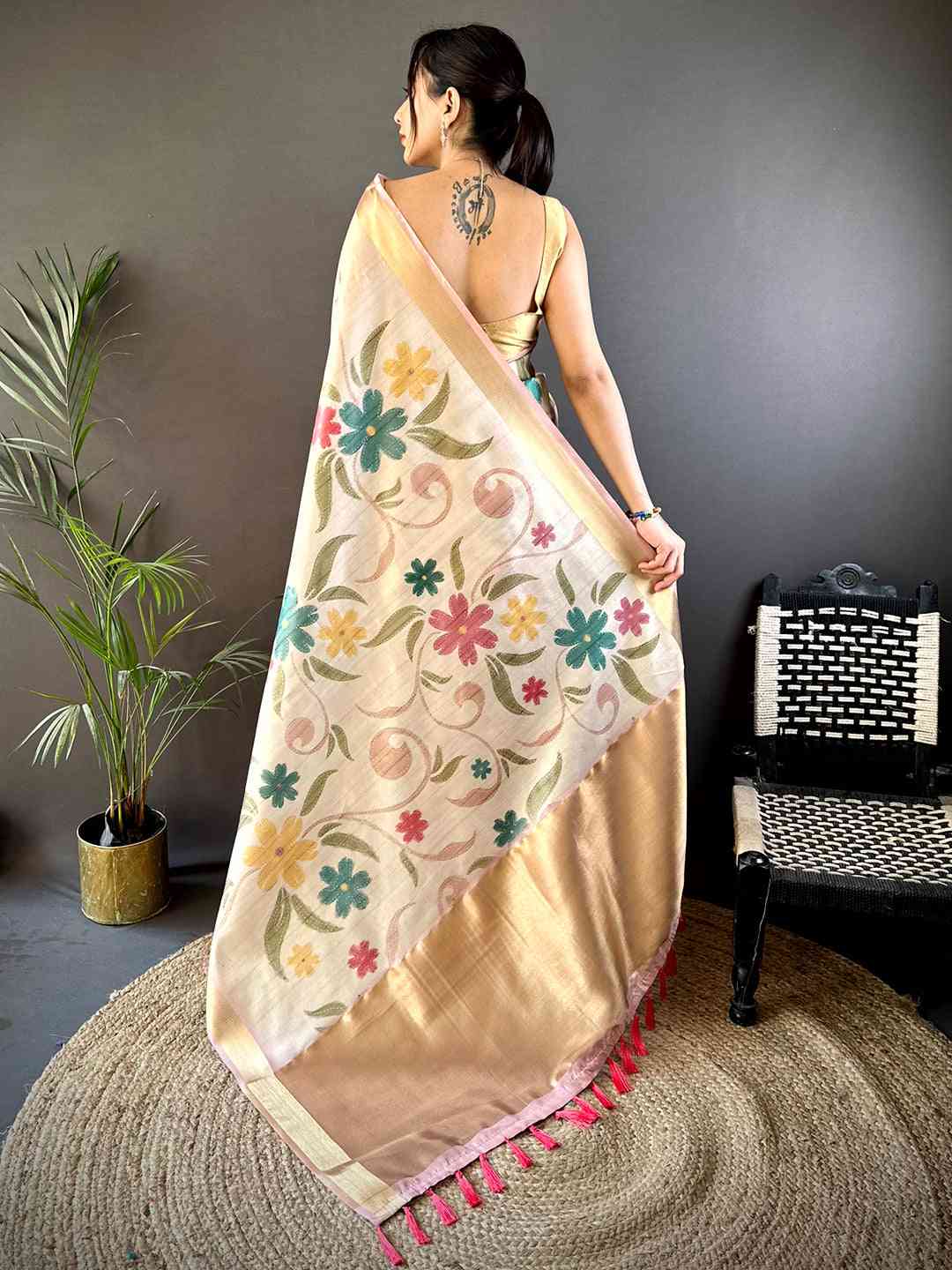 Light Cream Soft Silk Tissue Floral Print Saree by My Store