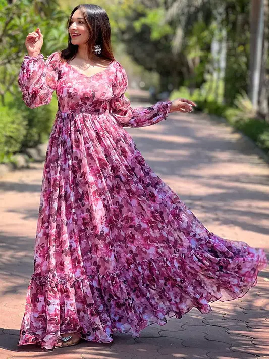 Wine Floral Bundl Print Dress