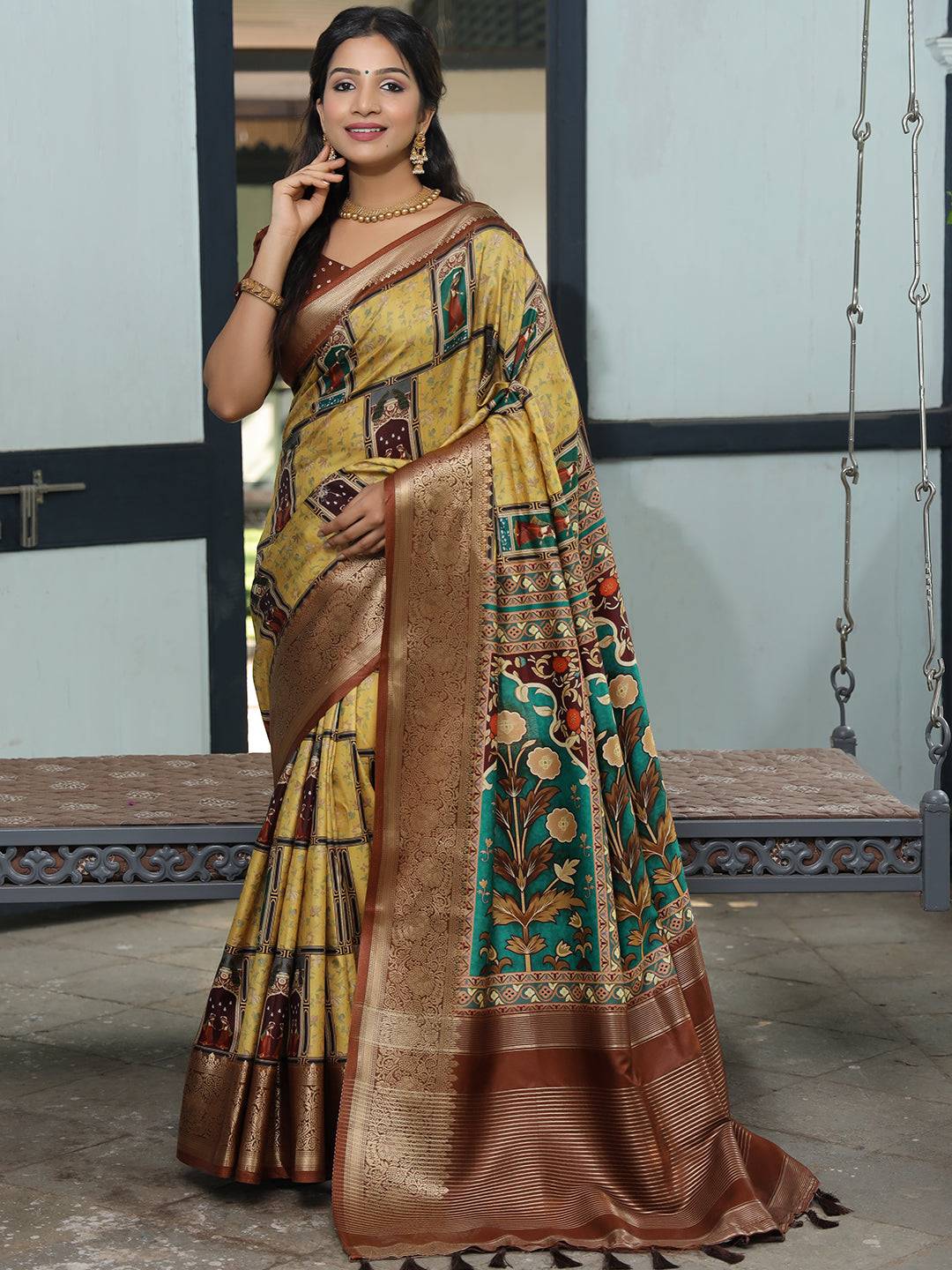 Viscose Dola Silk Mustard Colour Saree with Floral and Mughal Print - Luxe