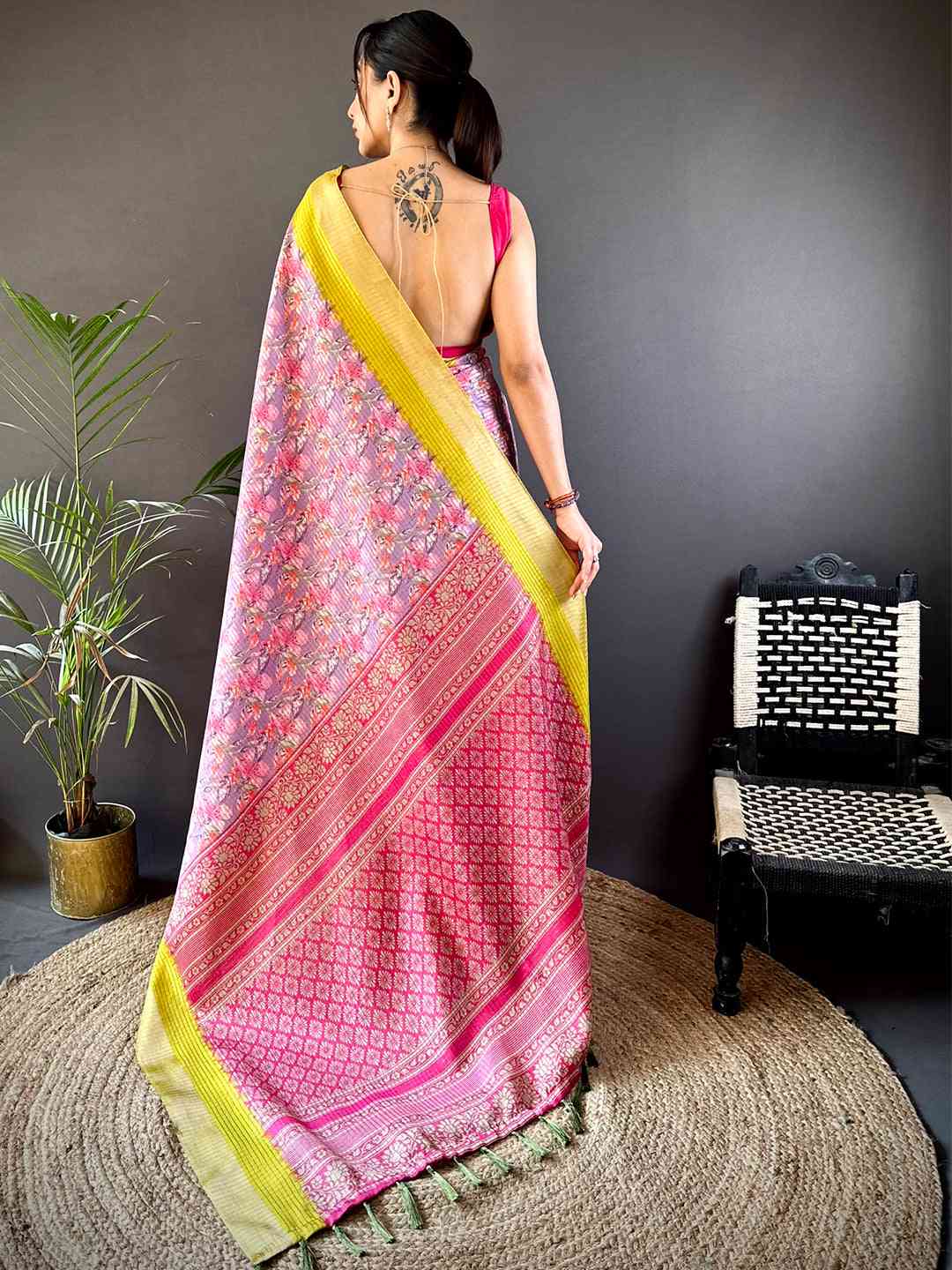 Lavender Tussar Chex Floral Saree by My Store