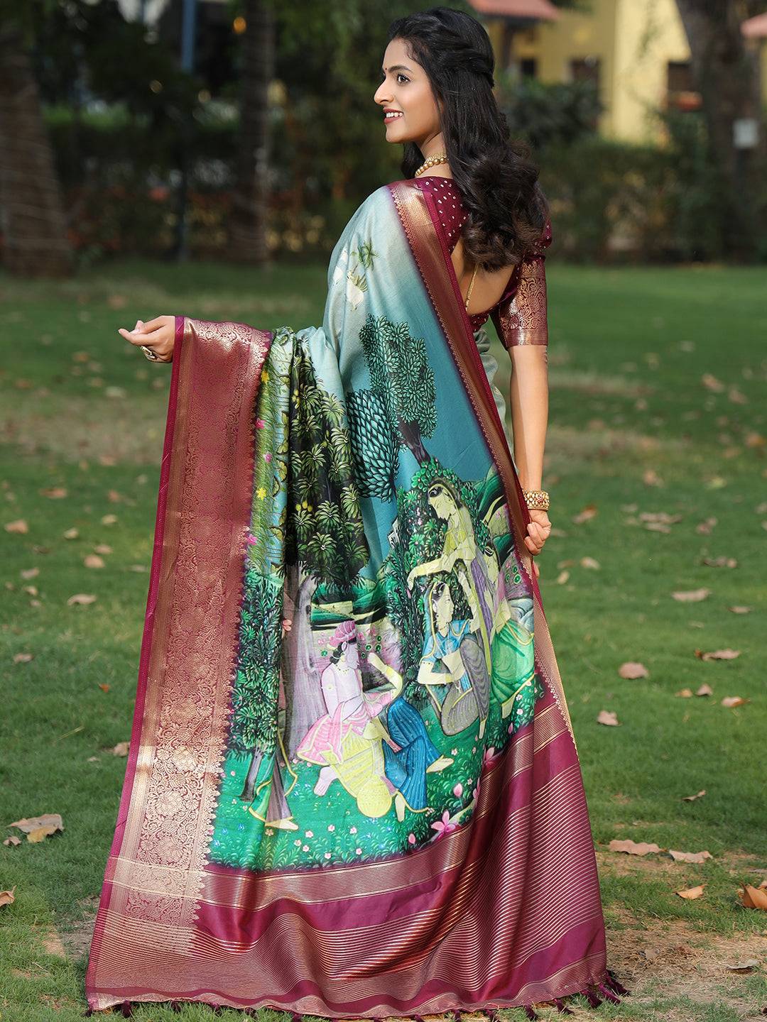 Viscose Dola Silk Sky Blue Colour Saree with Floral and Mughal Print - Luxe