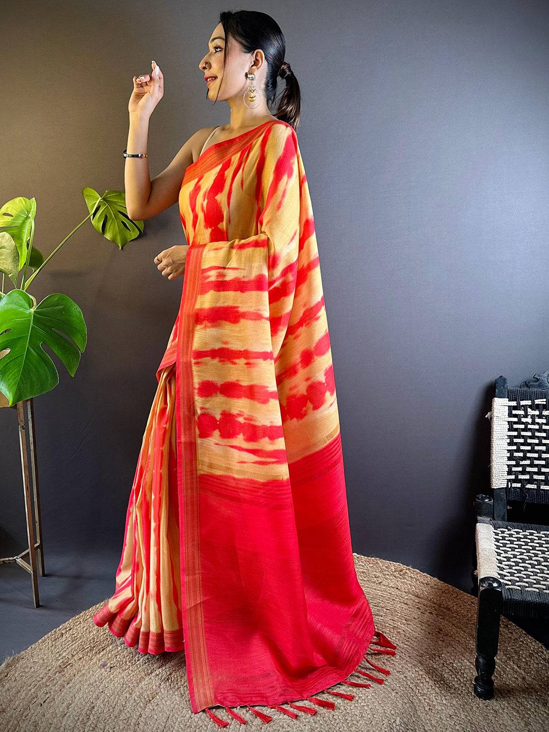 Marigold Shibori Print Linen Saree by My Store