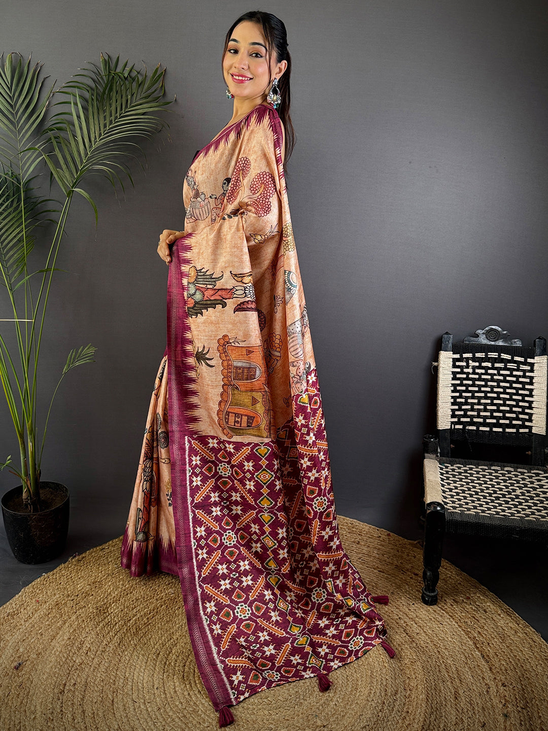 Light Peach Tussar Silk Kalamkari Printed Saree by My Store