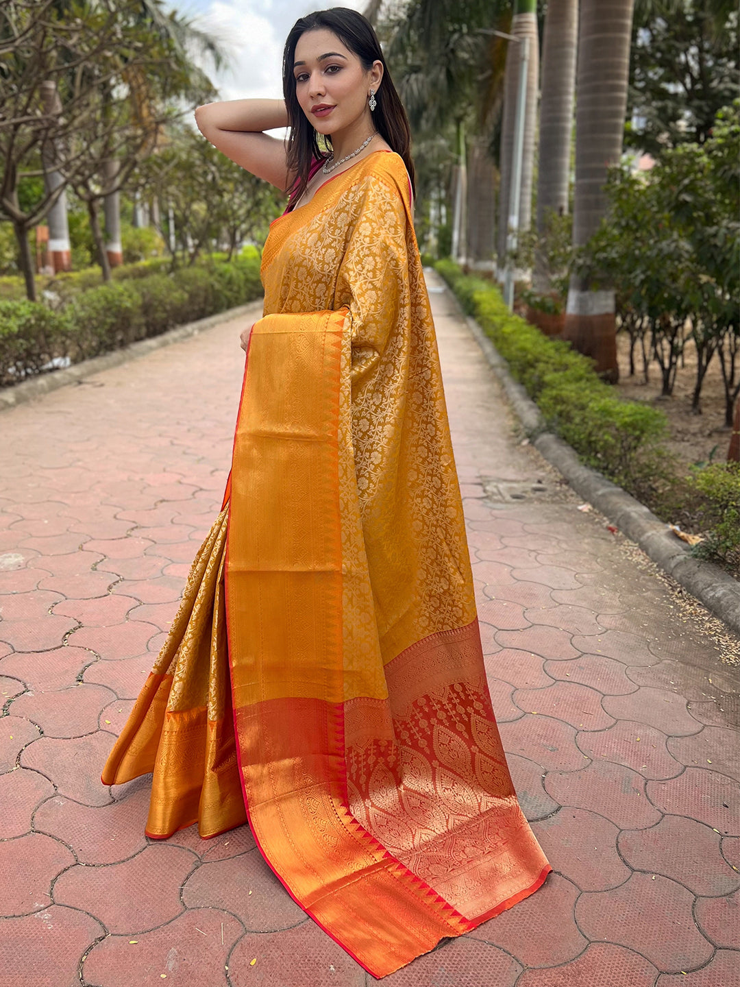 Yellow Colour One Gram Gold Tissue Saree With Jacquard Woven Work