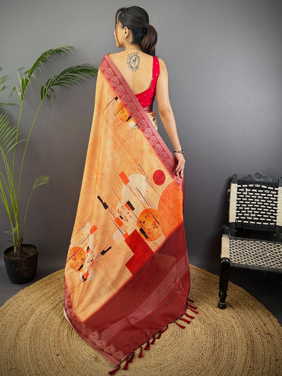 Ochre Digital Print Soft Dola Silk Saree by My Store