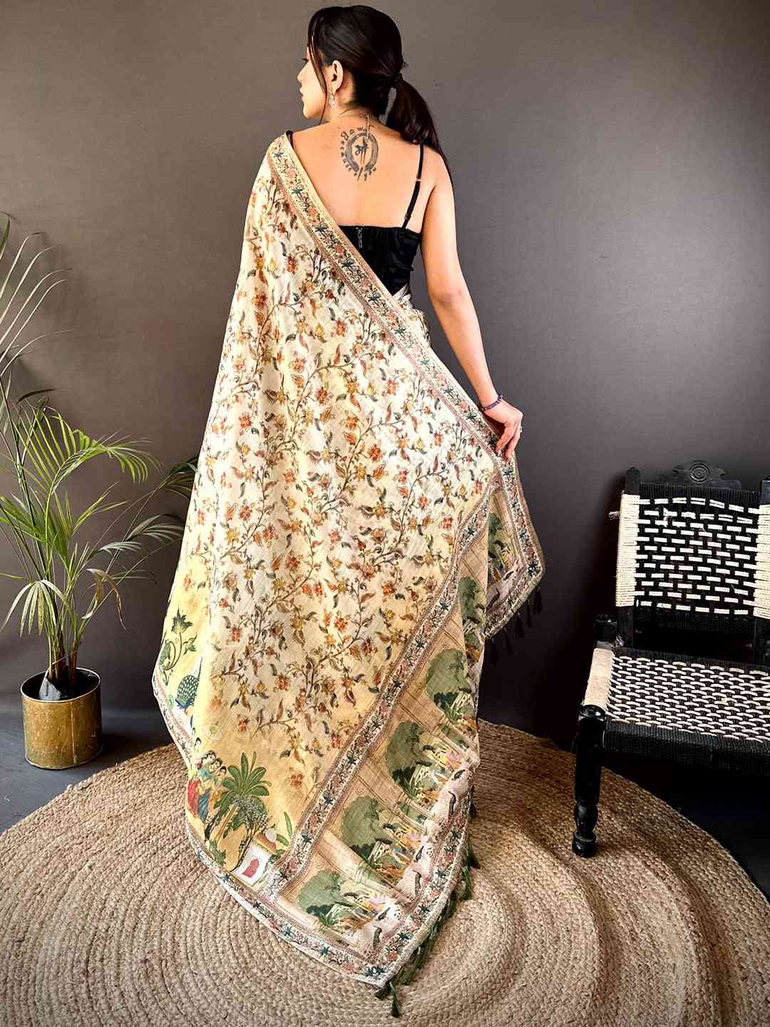 Off White Tussar Pashmina Kalamkari Saree by My Store