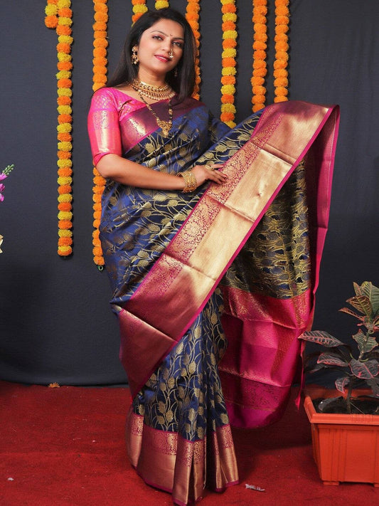 Royal Blue Kanjivaram Silk Golden Zari Weaving Saree by My Store
