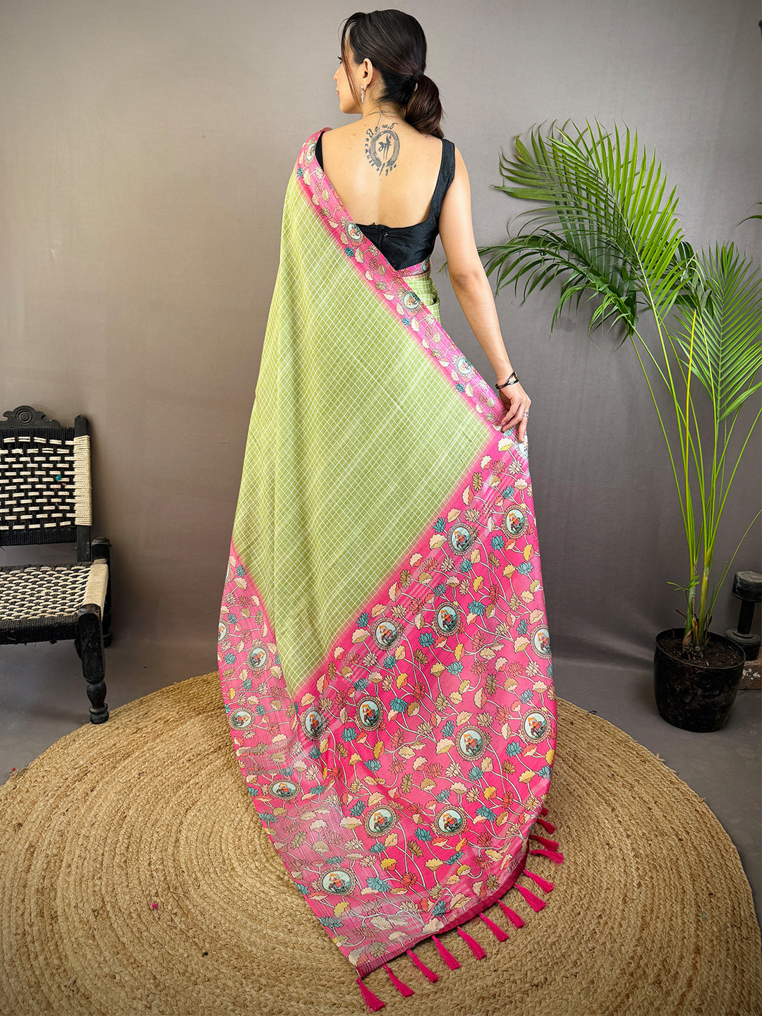 Mint Green Linen Kalamkari Print Saree by My Store