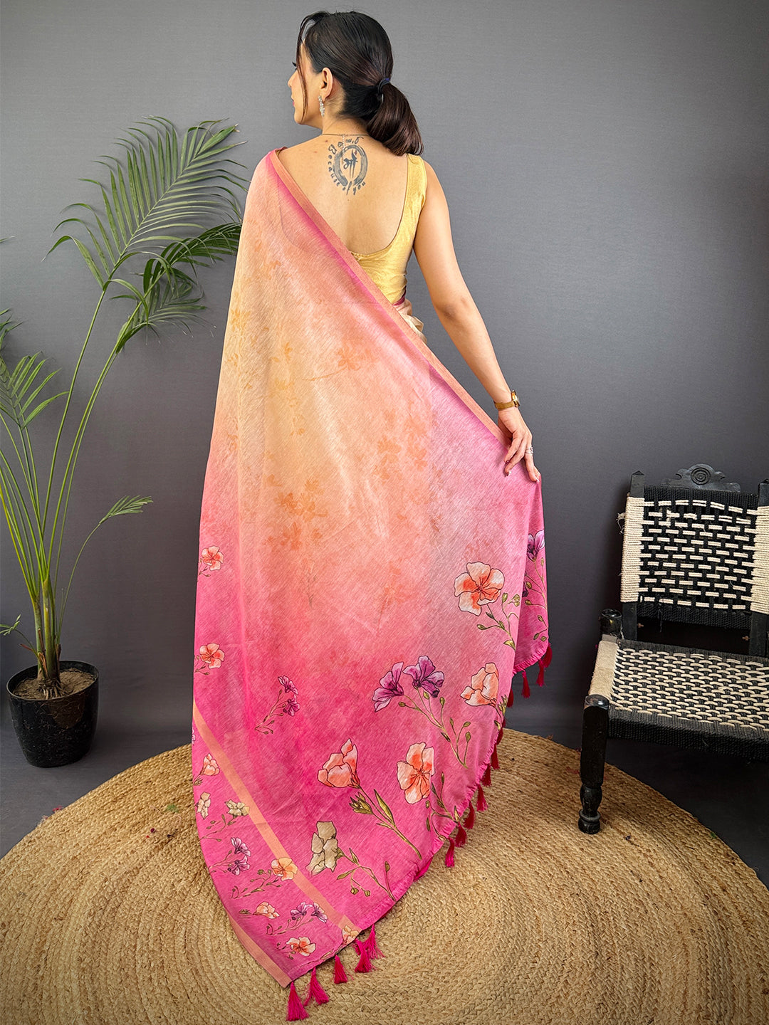 Light Pink Linen Chanderi Floral Print Saree by My Store