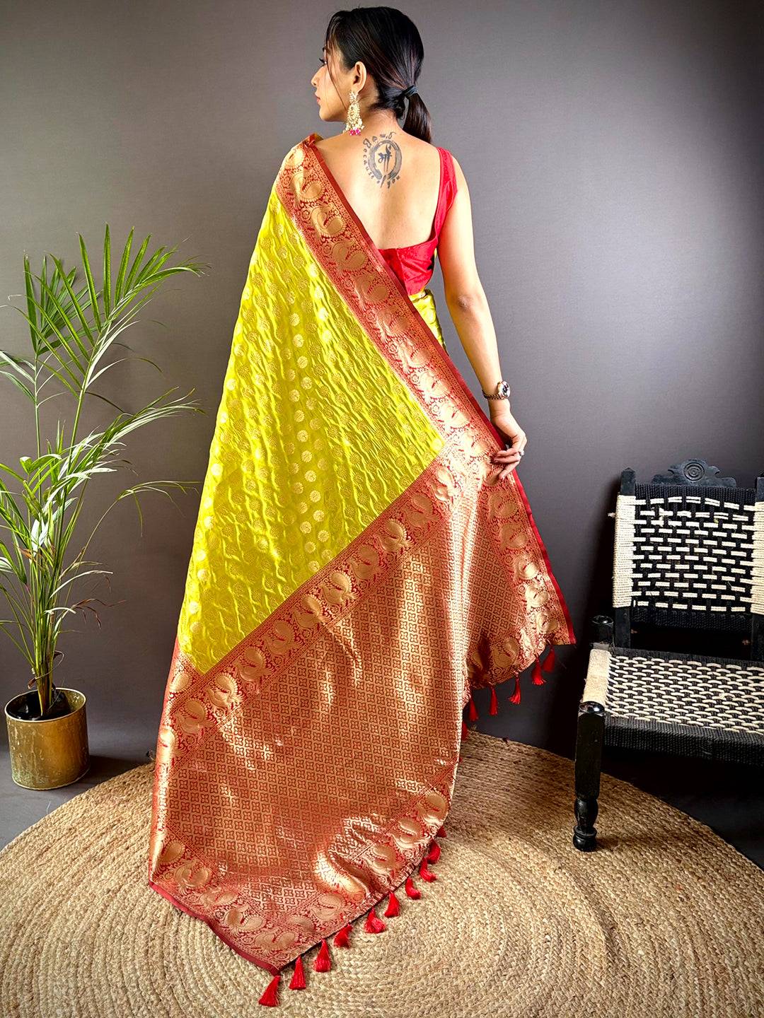 Lime Banarasi Silk Saree With Pattu Zari Border by My Store