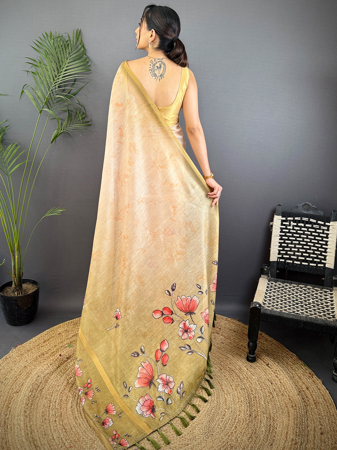 Olive Linen Chanderi Floral Print Saree by My Store