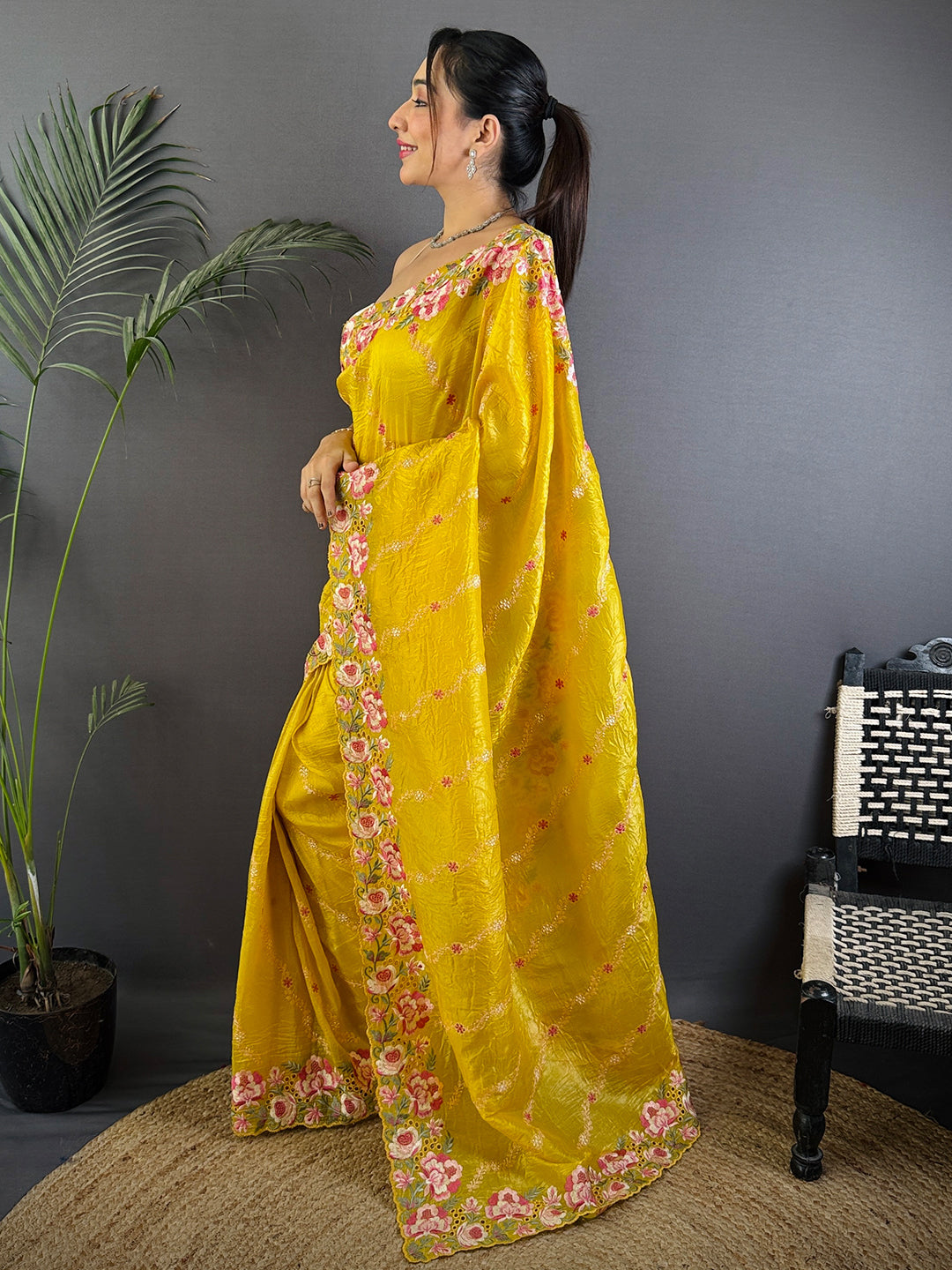 Yellow Crush Silk Embroidery Work Saree