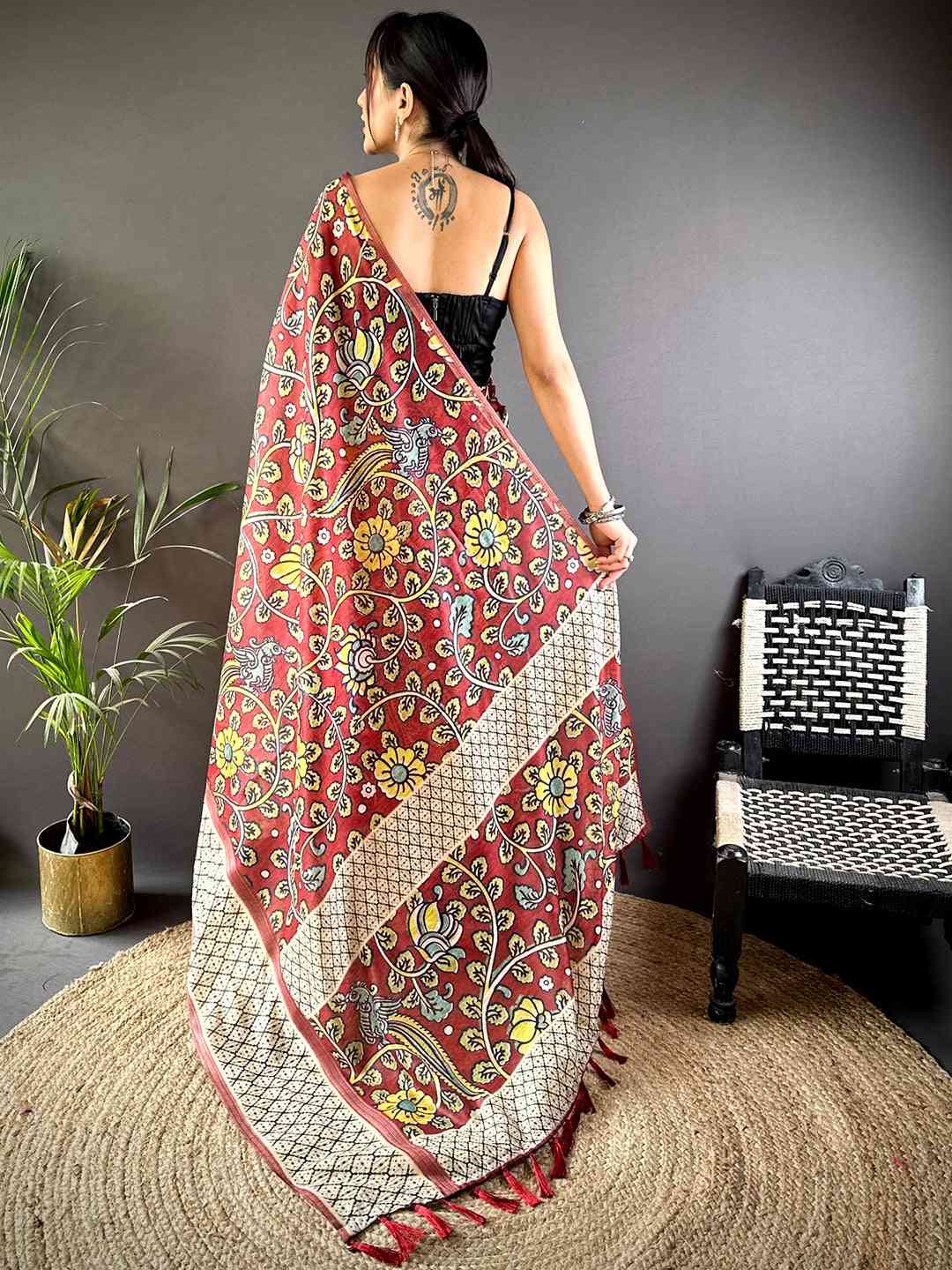 Maroon Chanderi Phulkari Floral Sulb Saree by My Store