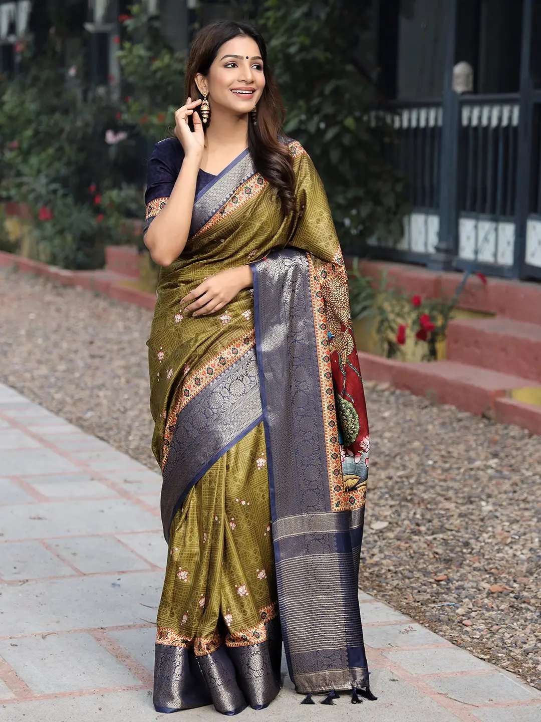 Olive Colour Pure Viscose Dola Silk Saree with Pichwai Kalamkari Print - Luxe by My Store
