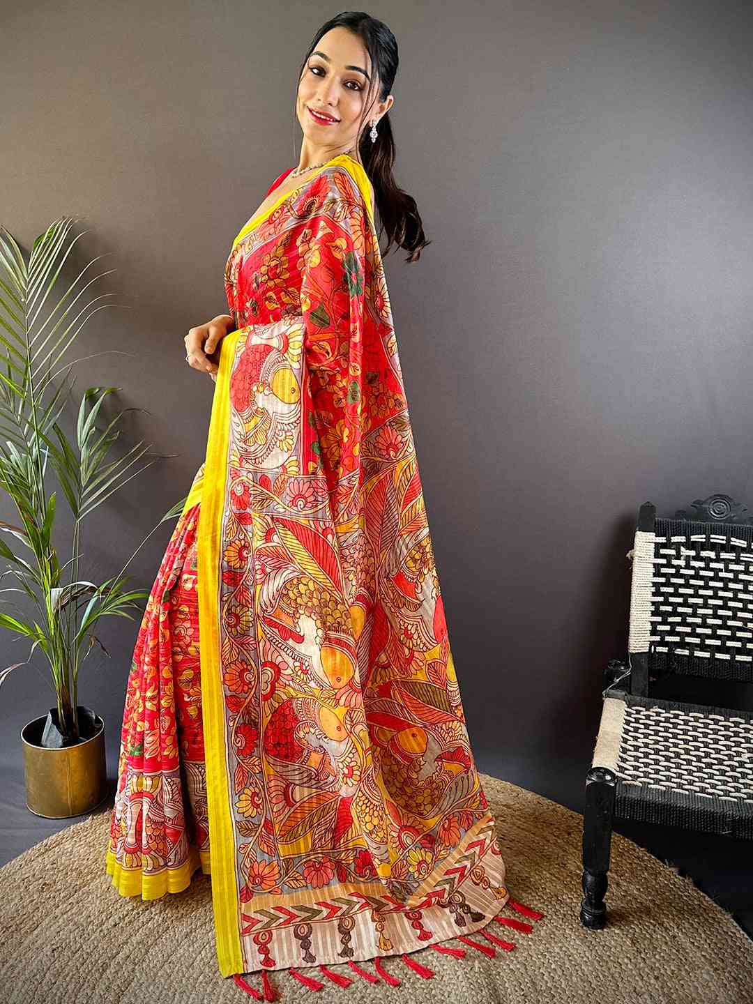 Rose Red Pen Kalamkari Linen Saree by My Store