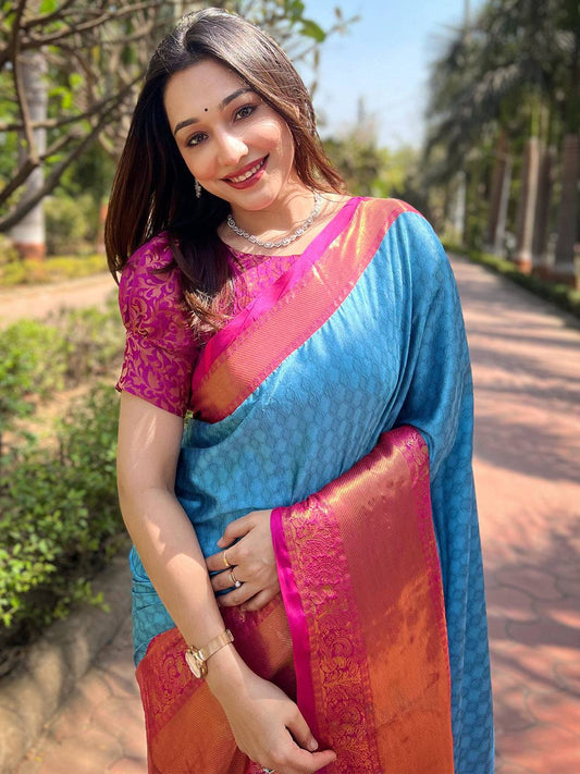 Royal Blue Colour Kanjivaram Aura Soft Silk Saree With Broced Zari Blouse by My Store