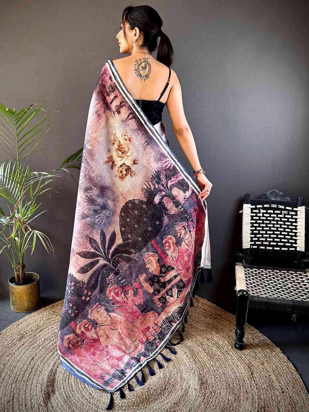 Lavender Gold Zari Tussar Batik Print Saree by My Store