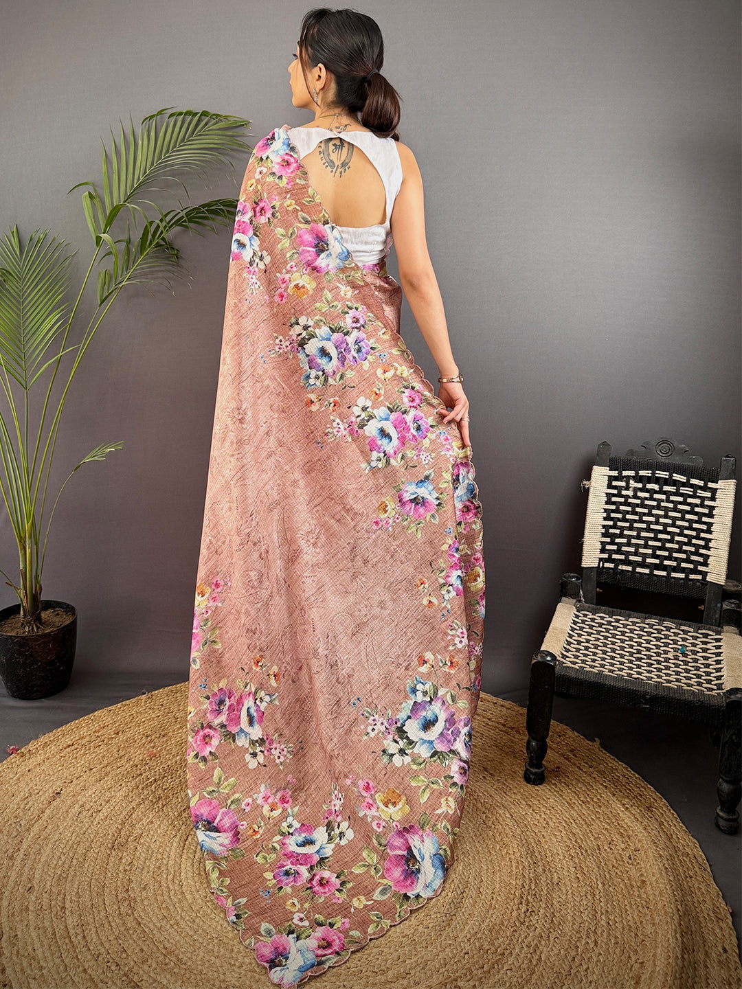Brown Kota Doriya Floral Cut Work Saree by My Store