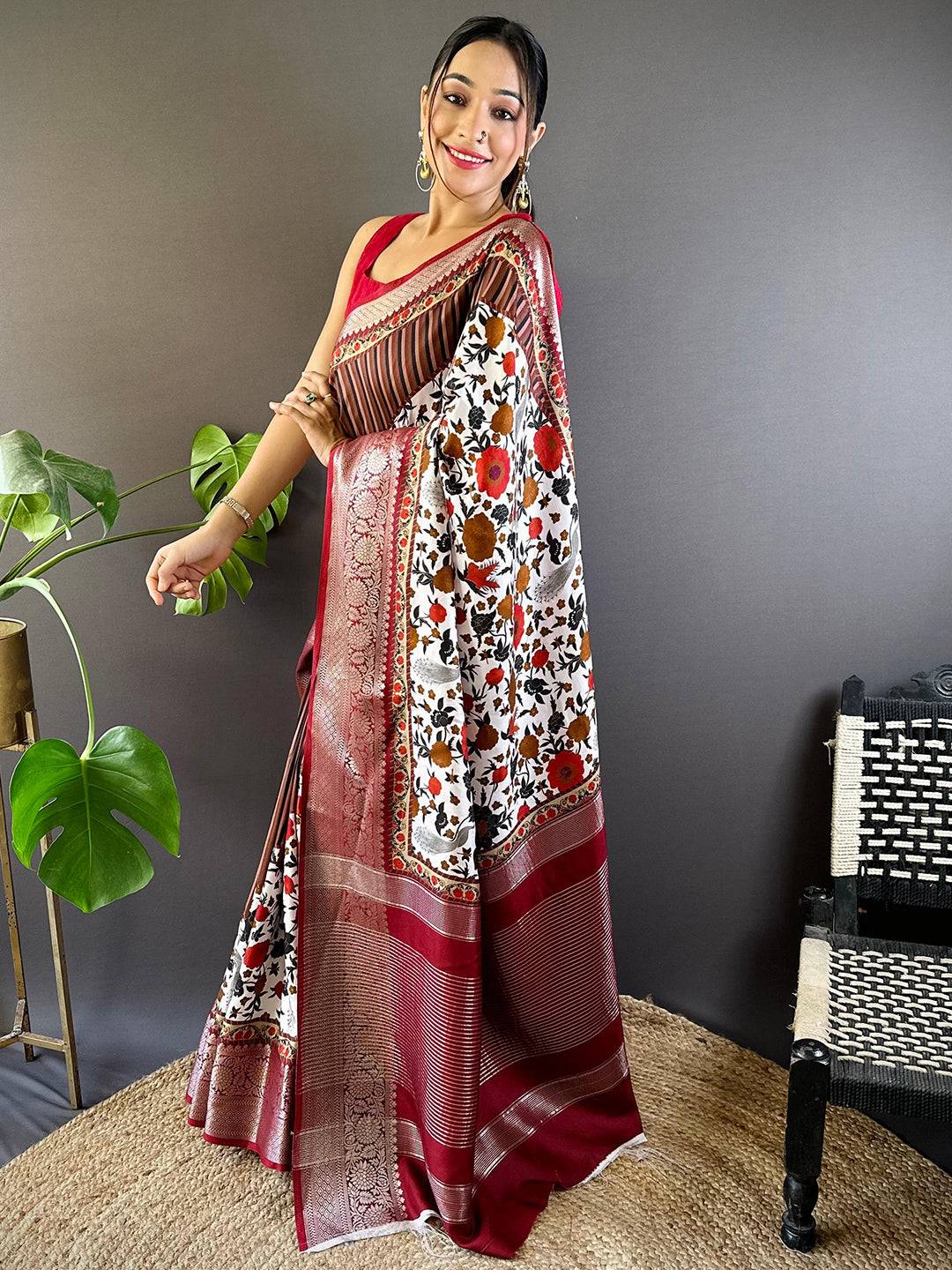 Brown Floral Peacock Fusion Saree by My Store