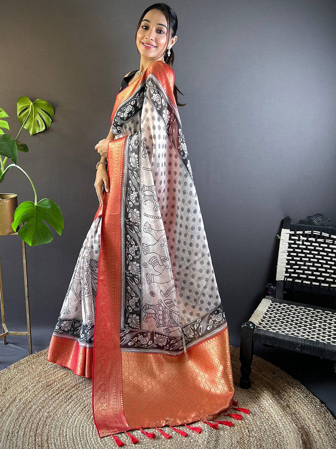 White Kalamkari Kota Saree