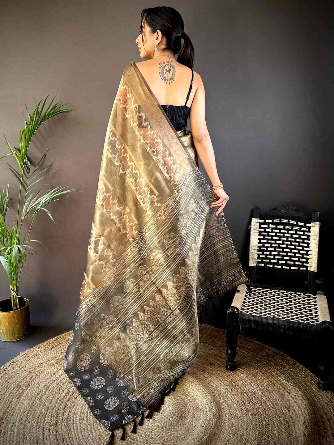 Light Chikku Tissue Striped Digital Printed Saree by My Store
