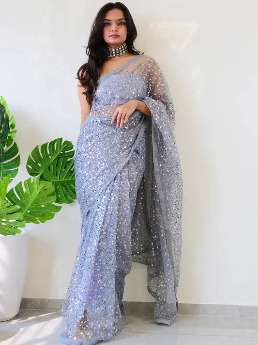 Beautiful Net Saree With Sequins Embroidery Work