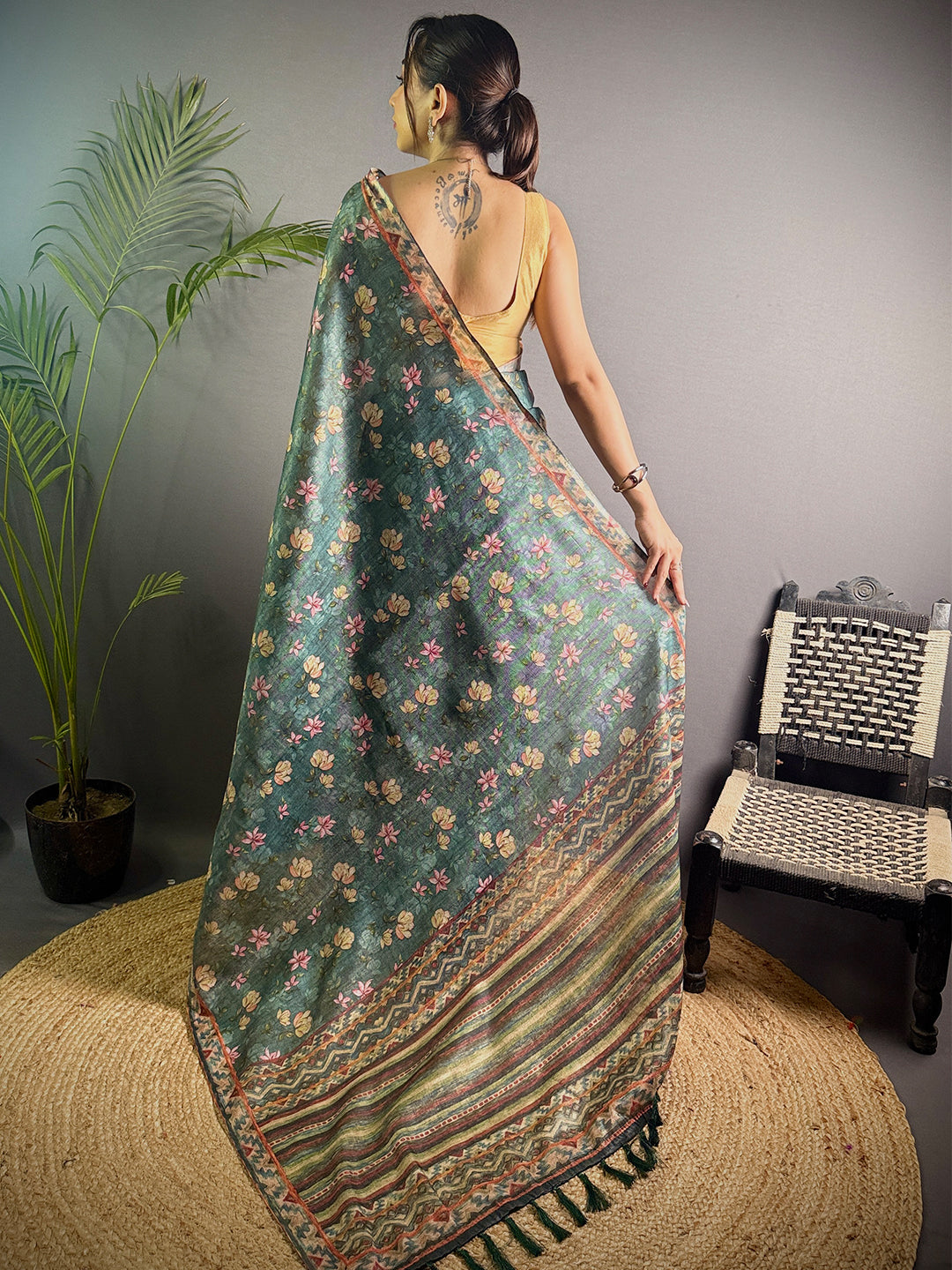 Bottle Green Linen Juth Digital Print Saree by My Store