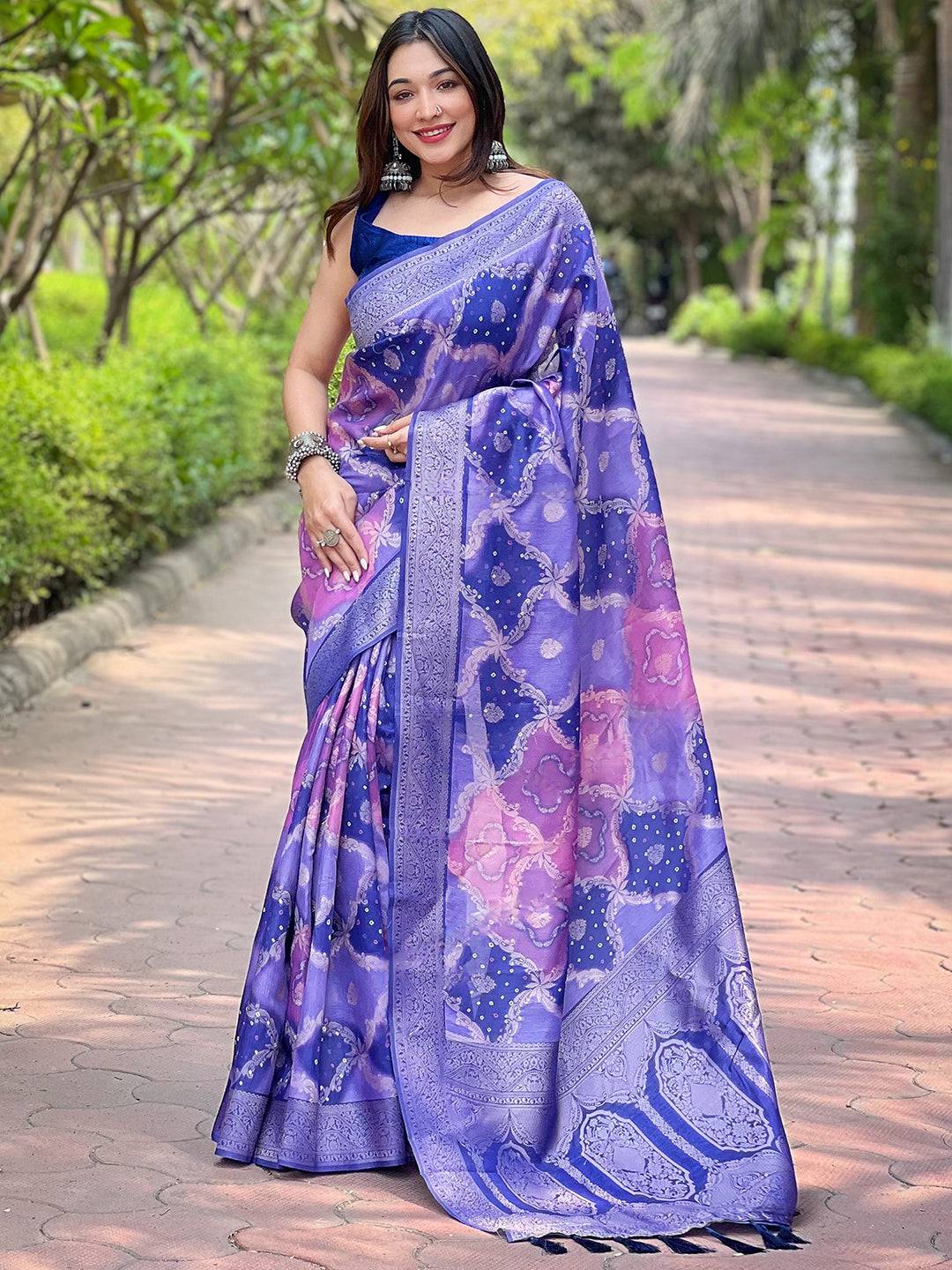 Purple Digital Block Placement Print Saree by My Store