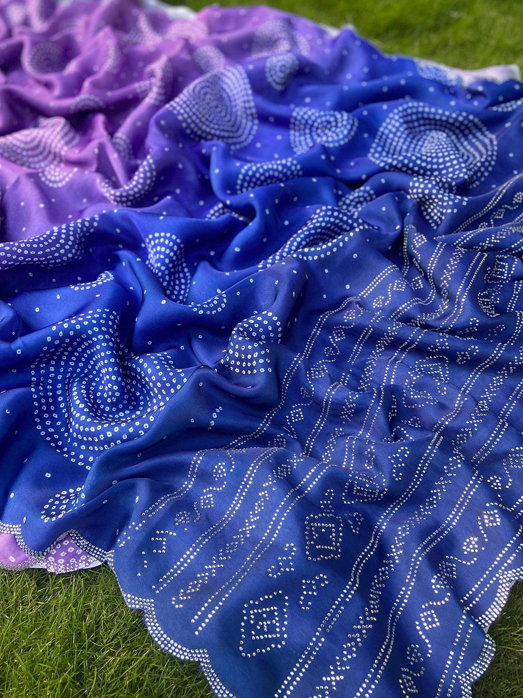 Lavender Georgette Silk Saree with Ombre Bandhej Print & Swaroski Stone Work by My Store