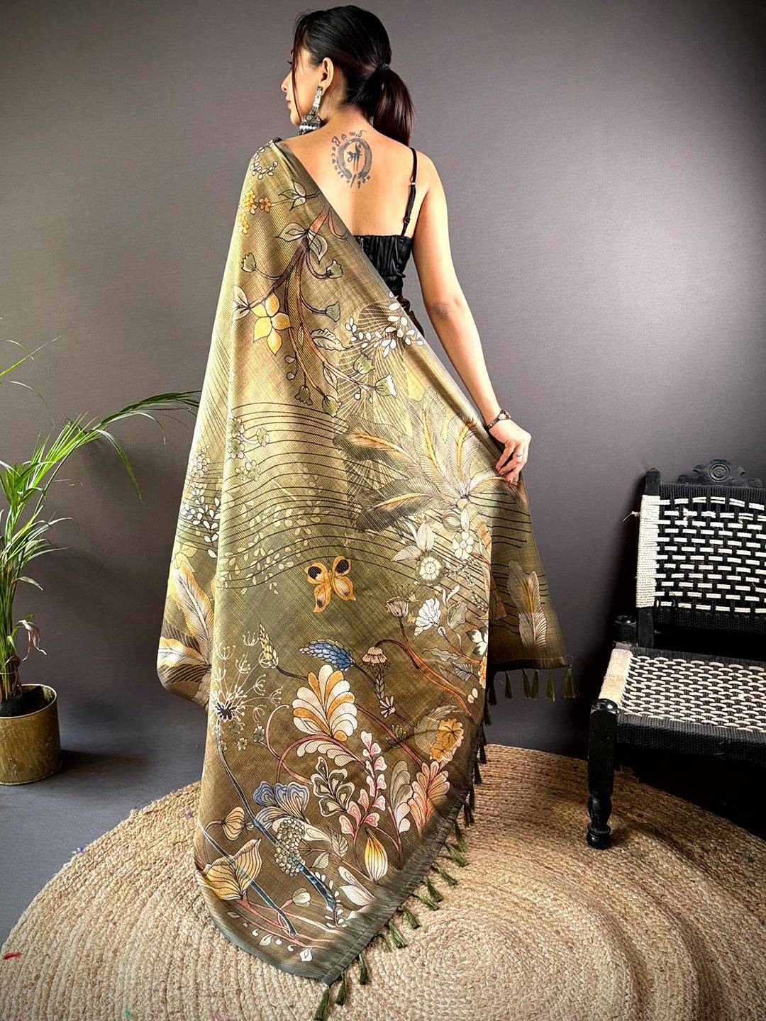 Olive Green Semi Gold Zari Botanical Tussar Saree by My Store