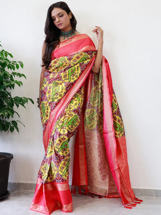 Attractive Soft Silk Gadwal Border Pochampally Print Saree
