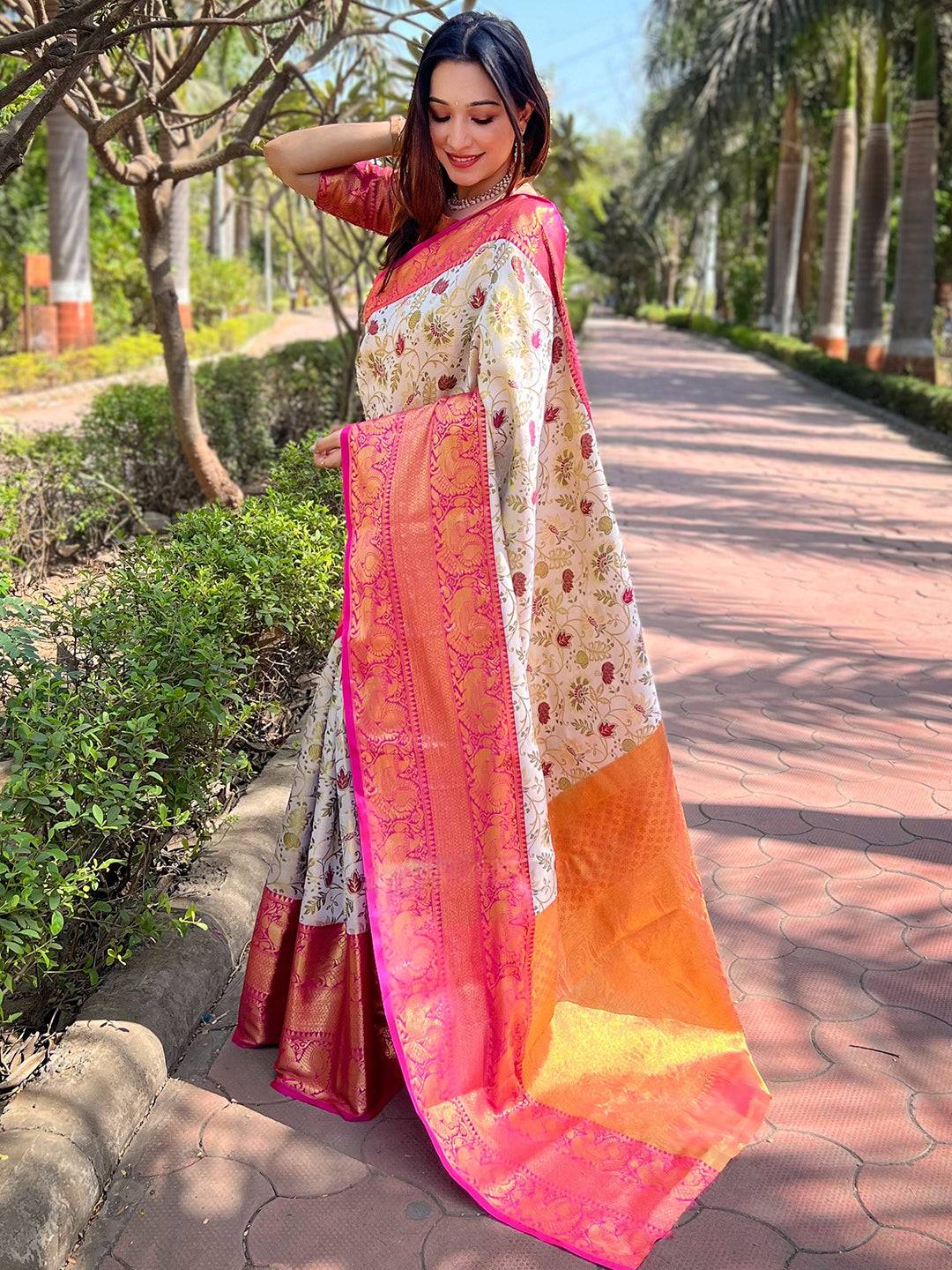 Off White Colour Banarasi One Grm Tissue Silk Festive Wear Saree by My Store