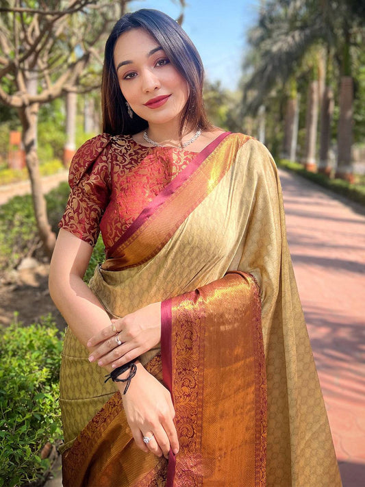 Gold Colour Kanjivaram Aura Soft Silk Saree With Broced Zari Blouse by My Store