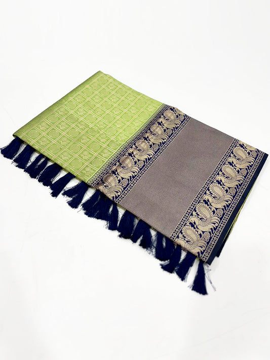 Green Silver Zari Butta Kanjivaram Silk Saree by My Store