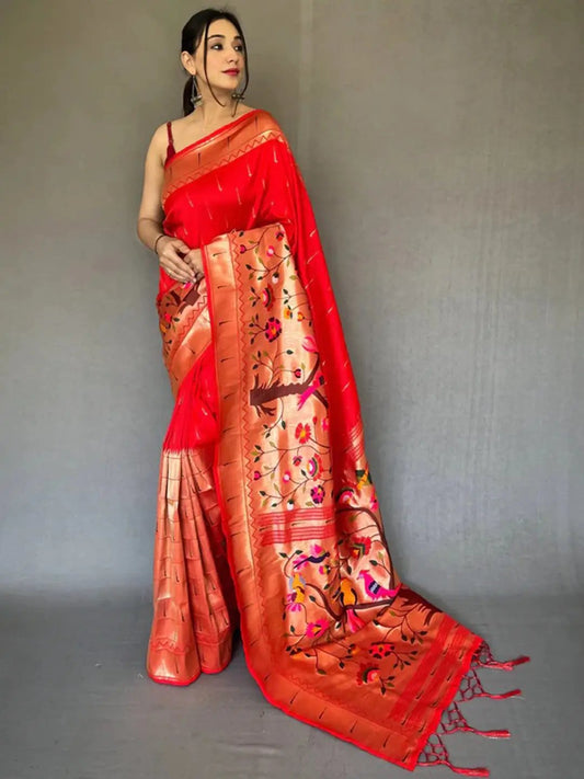Royal Red Paithani Big Border Zari Woven Saree by My Store