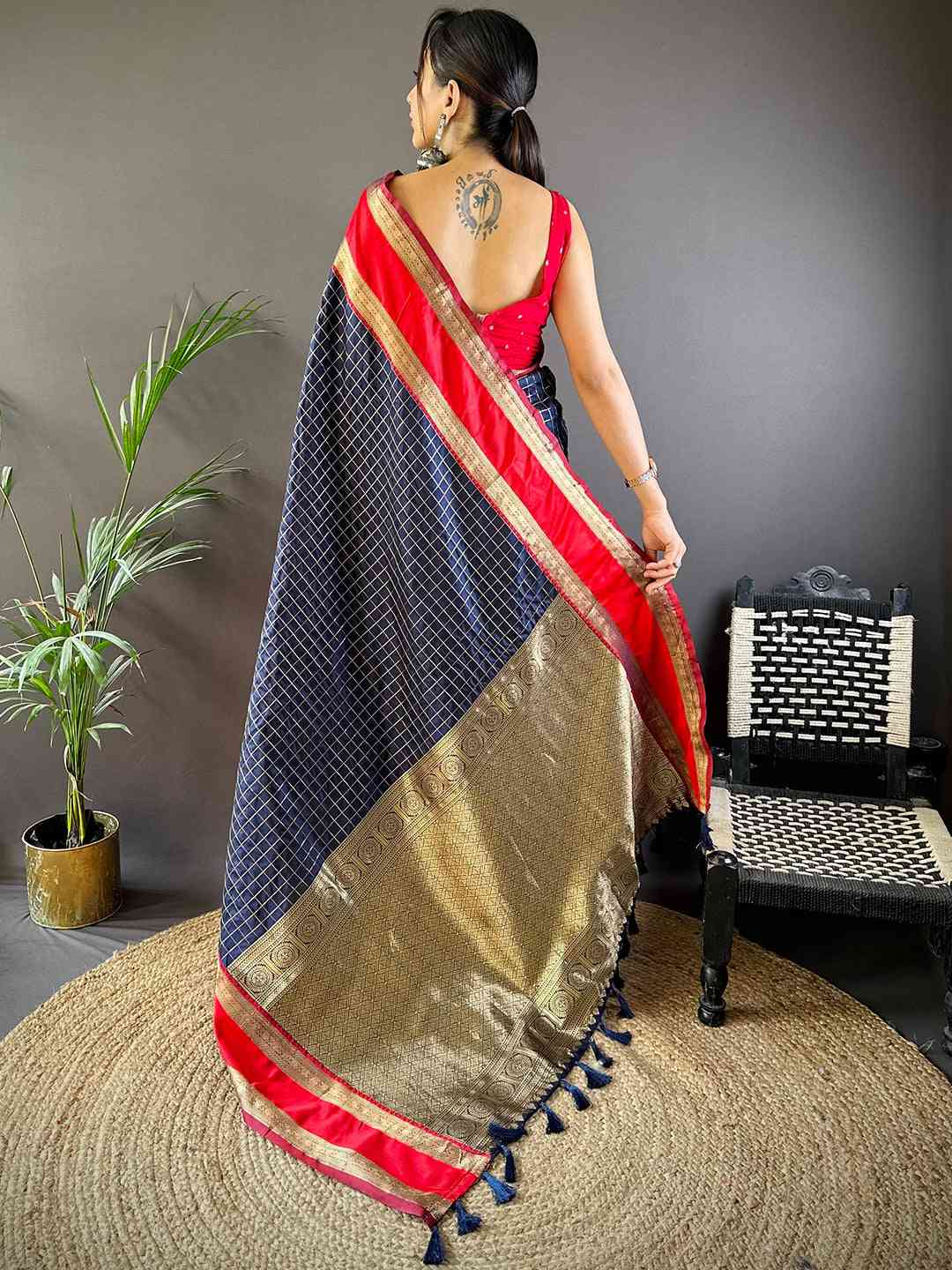 Navy Silk Woven Kanchi Banarasi Saree by My Store