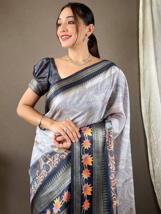 Dove Grey Kota Satin Border Saree by My Store