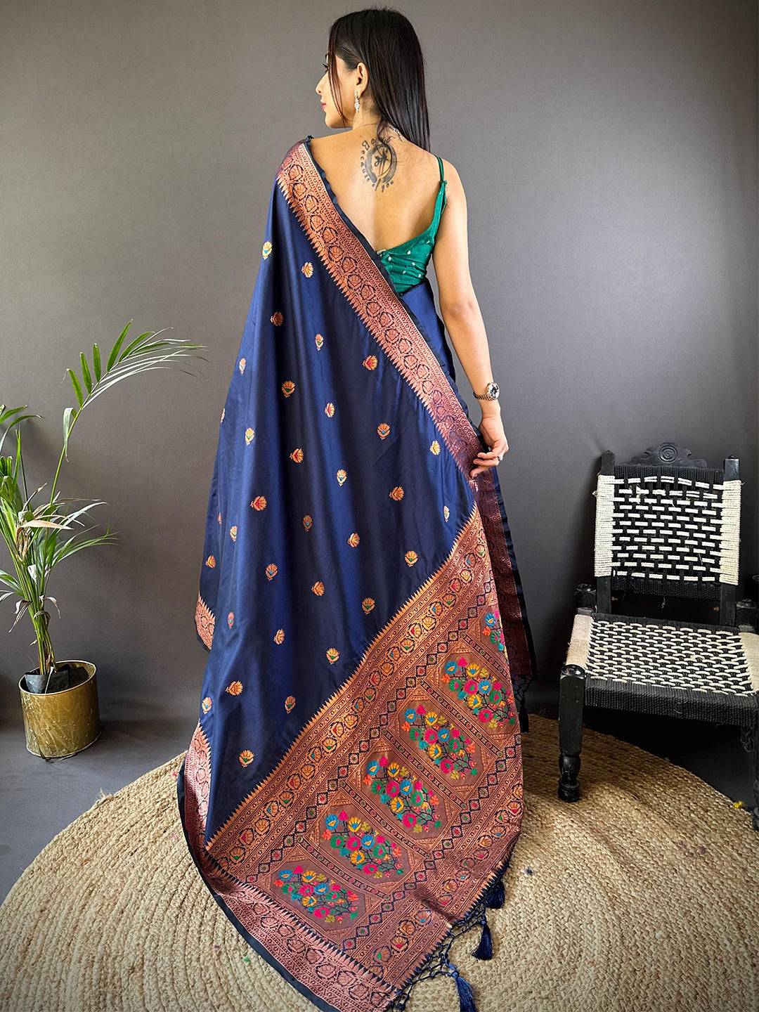 Navy Blue Soft Silk Coppar Zari Weaving Saree by My Store