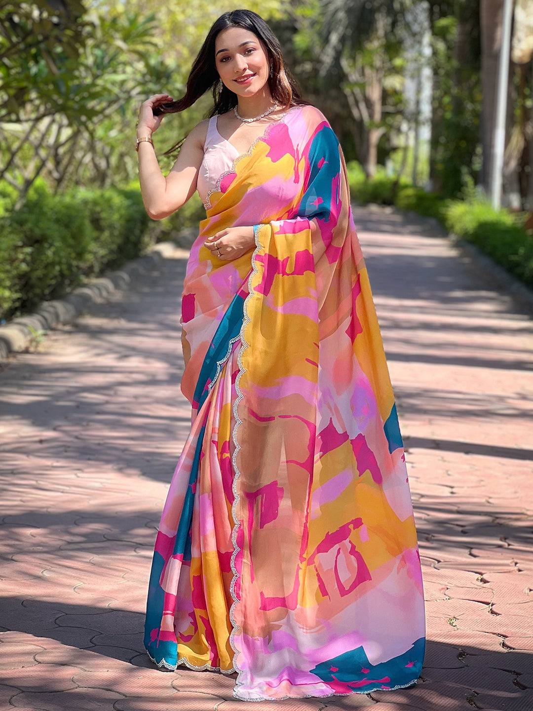 Multi Satin Georgette Floral Print Saree by My Store