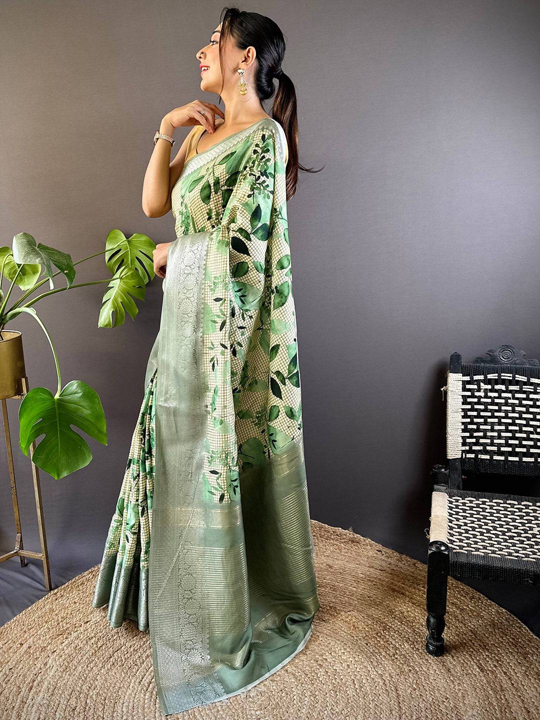 Leaf And Check Light Green Viscose Saree by My Store