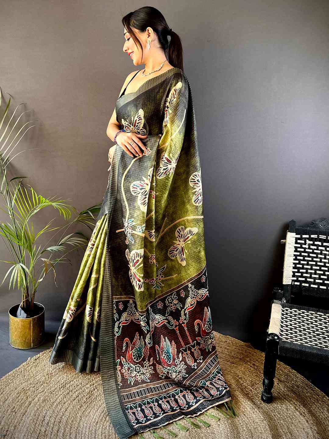 Olive Tissue Chanderi Digital Check Saree by My Store